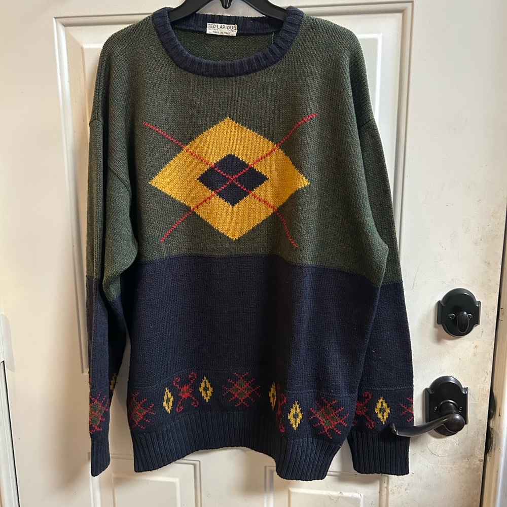 Ted Lapidus BOUTIQUE men’s Crewneck Wool/Acrylic Sweater in Green and Navy Sz L